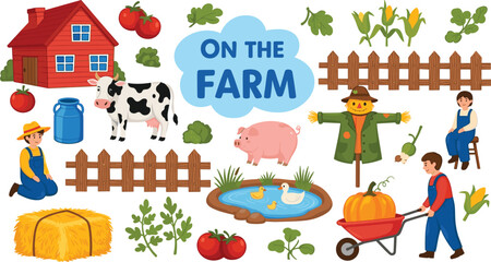 Fototapeta premium Rustic Autumn Farm Harvest Vector Collection Featuring Red Barn, Tractor, Windmill, and Fresh Pumpkins for Seasonal Agricultural Branding and Children's Educational Design