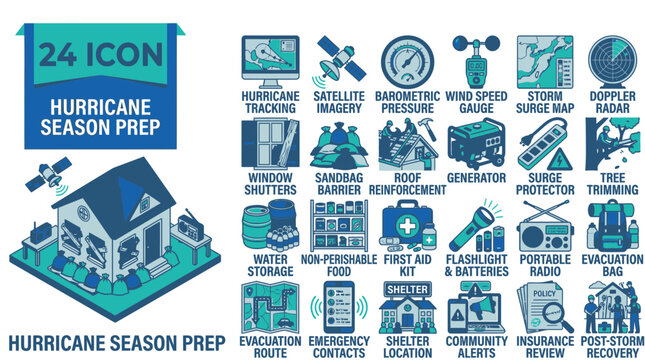 Hurricane Season Preparation Icons and House
