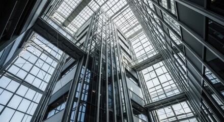 Obraz premium Soaring glass and steel atrium with suspended walkways inside a modern corporate building