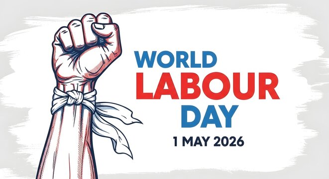 World labour day 1 may 2026 illustration with a raised fist symbol
