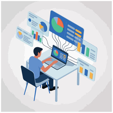 Isometric Laptop Collaboration with Data Panels and Creative Workflow Interface