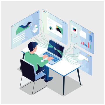 Isometric Laptop Collaboration with Data Panels and Creative Workflow Interface.