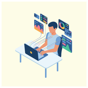 Isometric Laptop Collaboration with Data Panels and Creative Workflow Interface.