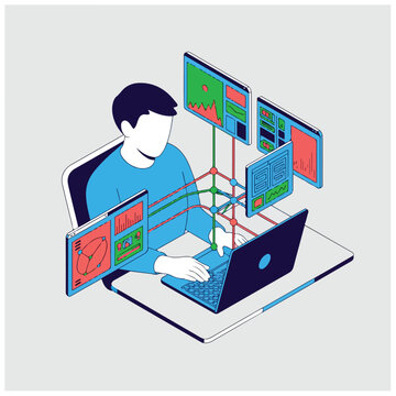 Isometric Laptop Collaboration with Data Panels and Creative Workflow Interface.