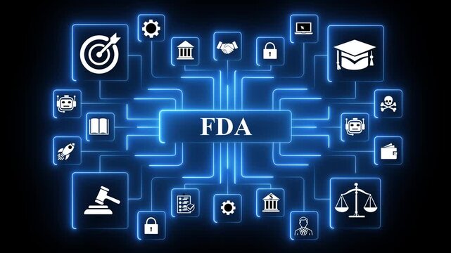 FDA acronym network animation with connected technology icons, glowing data nodes and regulated digital system workflow visualization on Black background,4k motion video,.