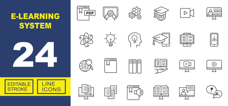 Exclusive E-Learning System line icon collection. Containing pdf, certificate, settings, mortarboard, video, conference, atom, bulb, smartphone, audiobook. Editable stroke.
