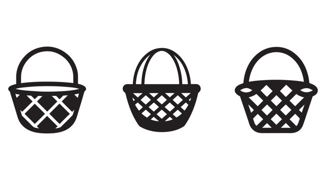 Three black shopping baskets with handles and crisscross patterns on white background for icon or logo use  simple line style