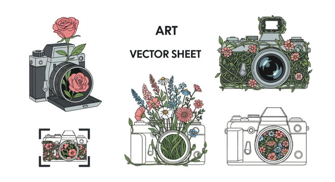 Cameras adorned with lush garden bouquets highlight creative work sets.