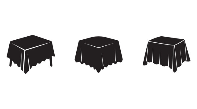 Three black tablecloths on square tables with different folds and draping styles shown from various angles on white background  table settings