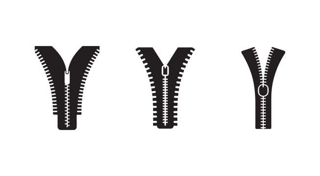 Three black zippers in different positions on white background  opened and closed zippers