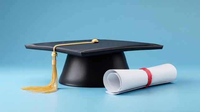 Black graduation cap with golden tassel and diploma roll on a light blue surface