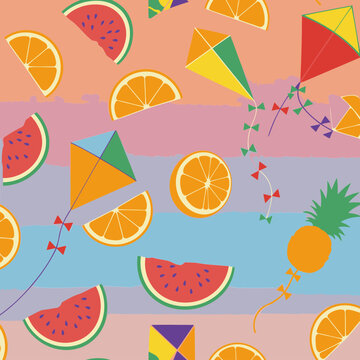 Fruit and Kite Pattern with Vibrant Colors in a Summer Sky. Flying fruit and kites against a gradient sky background.