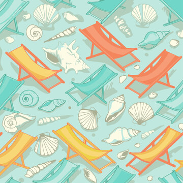 Beach loungers and seashells pattern for a coastal vacation background. Colorful beach loungers and various seashells repeated across a light teal backdrop.