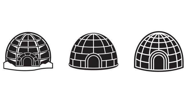 Three igloos with different door designs and snow base isolated on white background