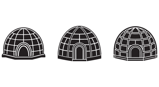 Three traditional igloo structures in black and white  isolated on white background  illustration of dome shaped snow houses