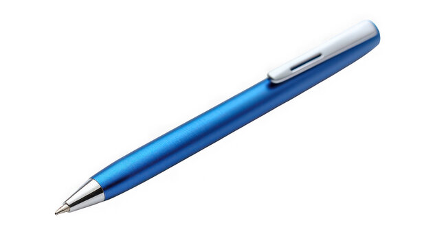 A blue pen with a silver tip and clip on transparent background