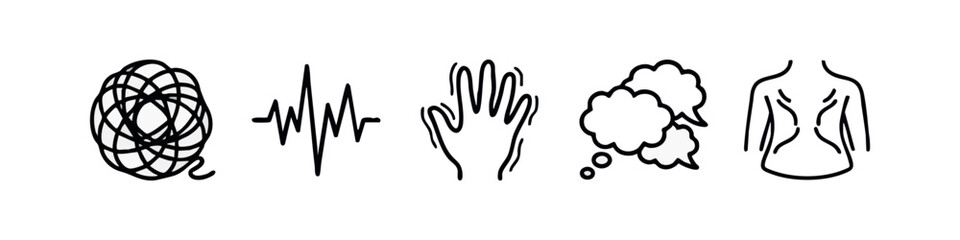 Fototapeta premium Abstract and Health Issues Line Icons Set - Tangled, Heartbeat, Shaky, Back Pain Outline