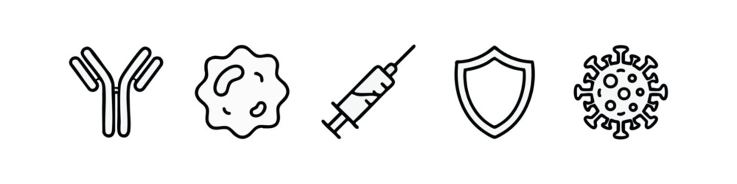 Medical and Immunology Line Icons Set - Antibody, Cell, Syringe, Shield, Virus Outline