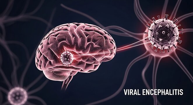 Illustration of a brain infected by a virus, depicting viral encephalitis with neural connections