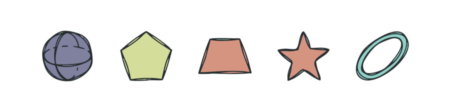 Set of Basic Geometric Shapes and Forms Hand Drawn Colorful Icons