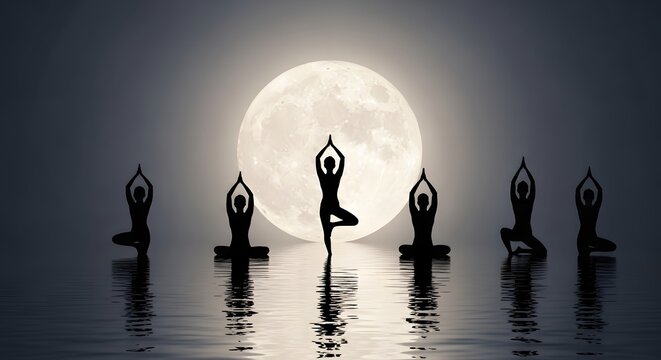 Happy yoga day serene silhouettes practicing yoga under the full moon