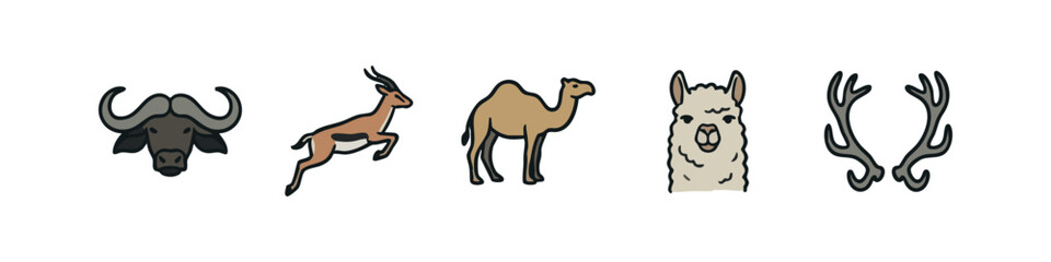 Fototapeta premium Set of Hand Drawn Safari Animal Icons Including Buffalo, Gazelle, Camel, Llama and Antlers