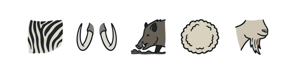 Illustration Set of Animal Features Including Zebra Print, Elephant Tusks, Wild Boar, Wool and Goat Head © liubomir118809