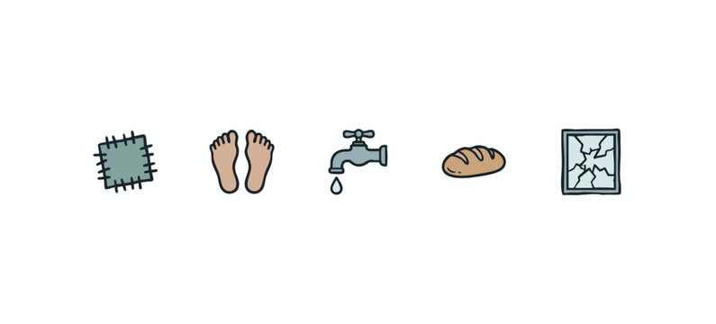 Struggle and Basic Needs Icons Set with Bare Feet Leaking Tap and Broken Window