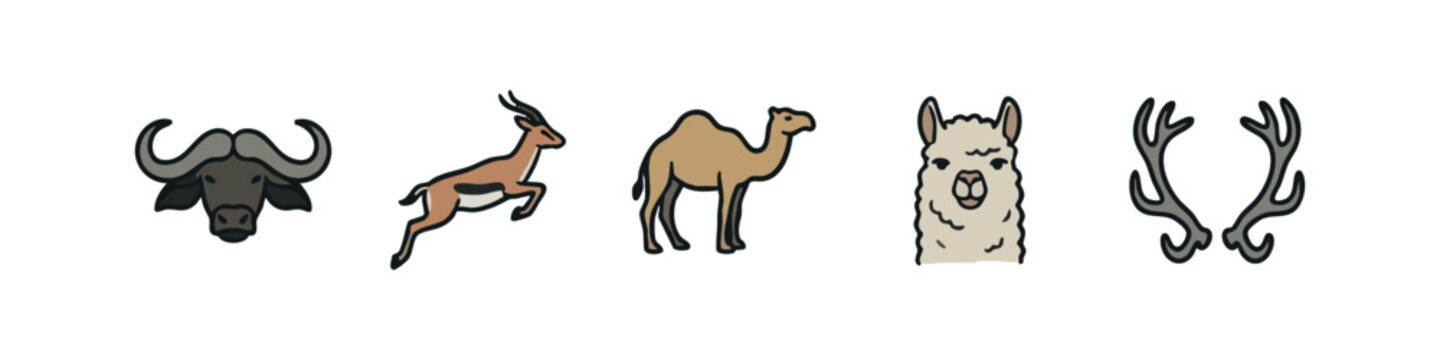 Set of Hand Drawn Safari Animal Icons Including Buffalo, Gazelle, Camel, Llama and Antlers