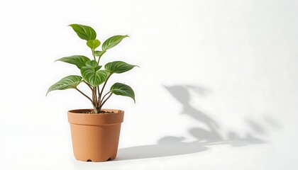 Obraz premium Green Indoor Houseplant in Minimalist Ceramic Pot Against White Wall with Soft Window Sunlight Shadows Modern Home Decor Office Greenery and Interior Design Concept Mockup Template