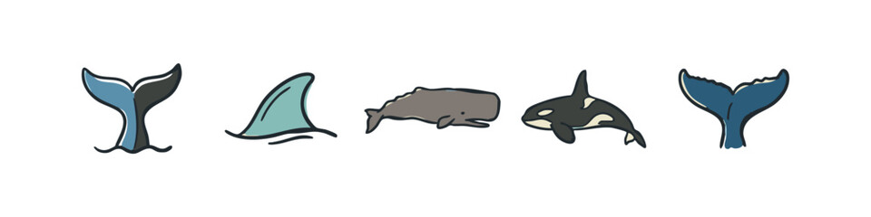 Marine animals and whale tails doodle icons. © liubomir118809