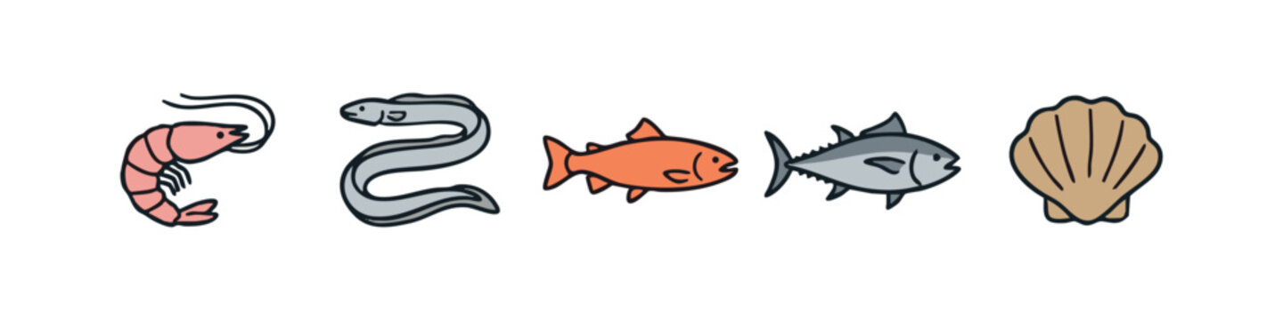 Variety of Seafood and Fish, Hand-Drawn Nautical Doodle Vector Set