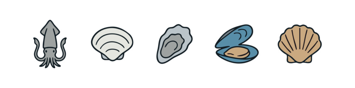 Seafood and Shellfish Collection, Hand-Drawn Nautical Doodle Vector Set