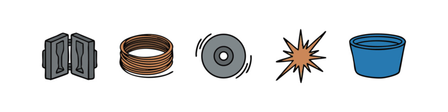 Foundry and Metal Casting Icons: Mold, Coil, Disc, Spark, Bucket