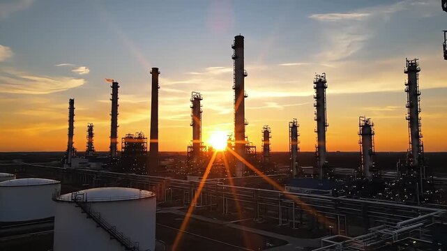 Industrial oil refinery and energy production at sunset, featuring tall distillation towers and storage tanks against a vibrant golden sky, representing global energy infrastructure.
