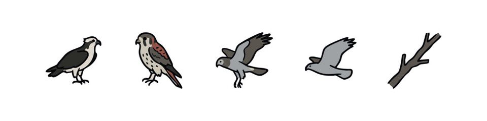 Obraz premium Birds in Flight and Woodland Nature Elements Icon Set