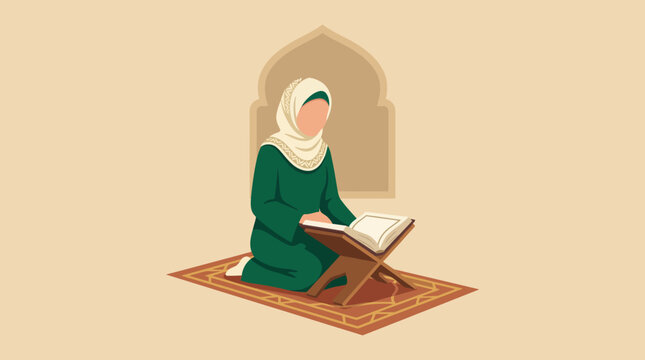 A Muslim woman in modest dress is focused on reading a religious text, illustrating spirituality, devotion, and cultural significance in a serene setting.