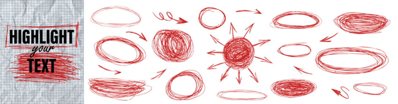 Red pen strokes circle underline shapes with doodle sun arrow elements. Vector set bundle highlight text scribble oval. Rough oval shapes encircle key phrases with strike note emphasis.