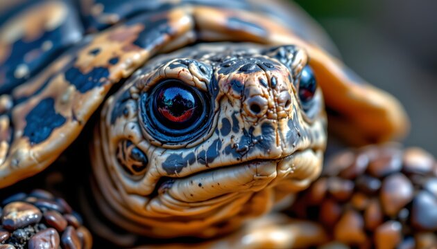 The image features a close up view of a turtle's head and upper body, highlighting the intricate details of its textured skin and scales