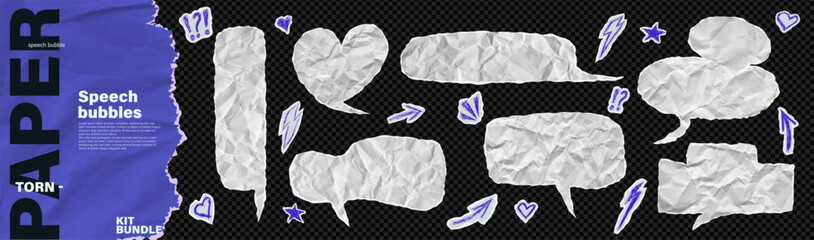 Crumpled paper speech bubble cloud bundle kit. Teenager rock punk chat balloon text box set. Rough empty memo page sticker collage idea sheet with pen drawn heart arrow star on like transparent png bg © A_Y_N