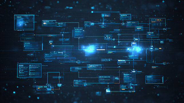 AI agent automation workflow diagram with digital data process flow and futuristic technology code background Stock Illustration