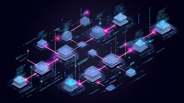 AI agent automation workflow diagram with digital data process flow and futuristic technology code background Stock Illustration