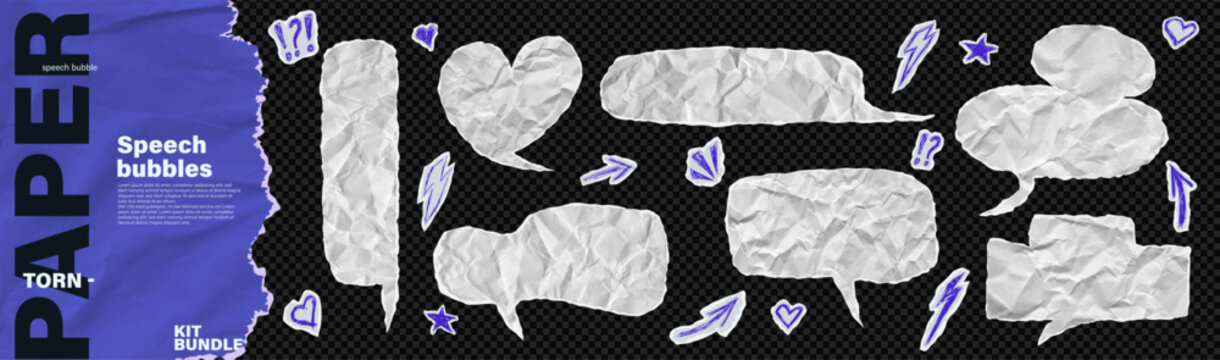Crumpled paper speech bubble cloud bundle kit. Teenager rock punk chat balloon text box set. Rough empty memo page sticker collage idea sheet with pen drawn heart arrow star on like transparent png bg