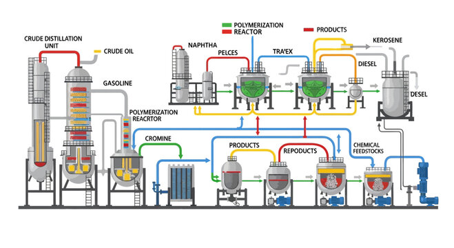Petroleum Refinery Process Diagram: Crude Oil to Gasoline, Naphtha, Diesel & Chemicals