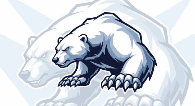Fierce polar bear mascot in a prowling pose, rendered in icy blues and whites