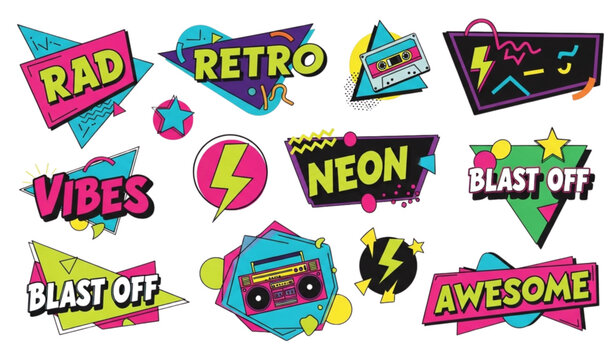 80s 90s retro patch badges vector neon fashion sticker set