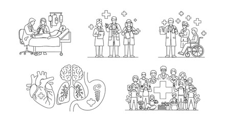 Naklejka premium Healthcare professionals attending to patients and medical organ illustrations