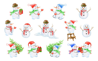 Naklejka premium Snowman clipart set watercolor illustration with cute winter characters gifts tree, Christmas card printable and kids decor design, festive collection, isolated on transparent background.