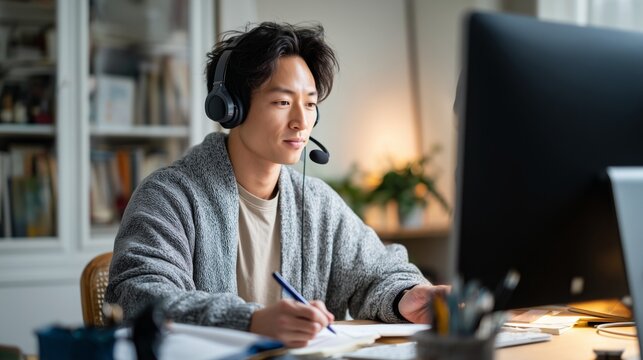 Young man using headset and computer, taking notes while telecommuting from home office