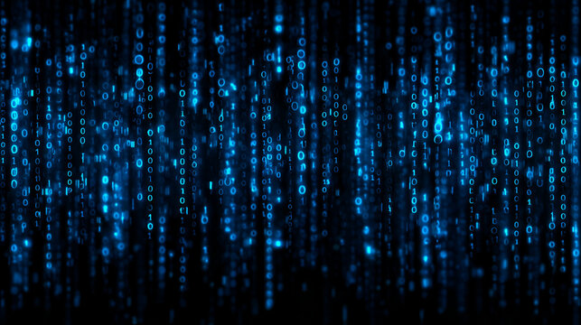 Binary code rain background in blue. Abstract matrix effect with flowing numbers 0 and 1. Futuristic tech, data stream, cyber security, computer software and digital system design. Stock Vector